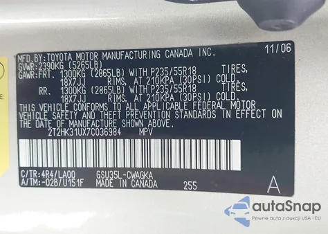 2007 Lexus Rx 350 z USA, uszkodzony, nr VIN 2T2HK31UX7C036984